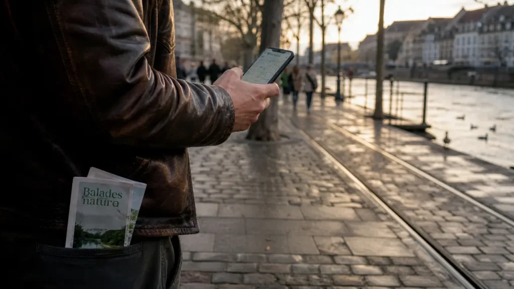Balades Strasbourg : brochure nature et smartphone près de l’Ill, rue piétonne