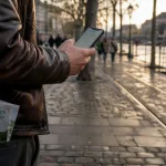 Balades Strasbourg : brochure nature et smartphone près de l’Ill, rue piétonne