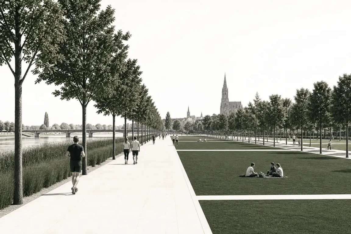 Activités en plein air à Strasbourg dans un grand parc urbain, marche, course et détente sur l’herbe