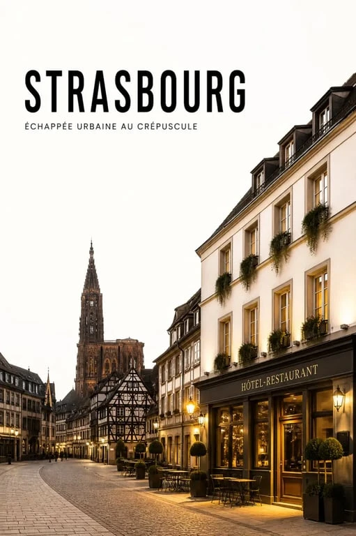 hotels restaurants strasbourg : vue de Strasbourg au crépuscule avec un hôtel-restaurant en centre-ville