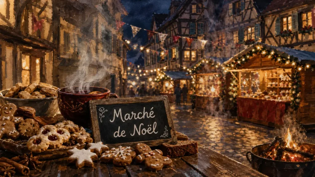 Marchés de noel autour de Strasbourg : table de village et vin chaud fumant