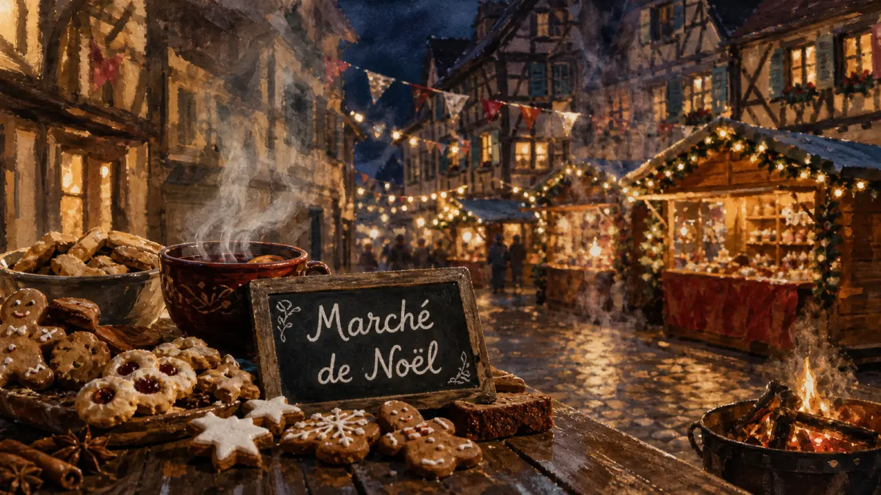 Marchés de noel autour de Strasbourg : table de village et vin chaud fumant