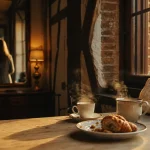 Week end amoureux Strasbourg, table en Petite France, pâtisserie et tasses, ambiance golden hour