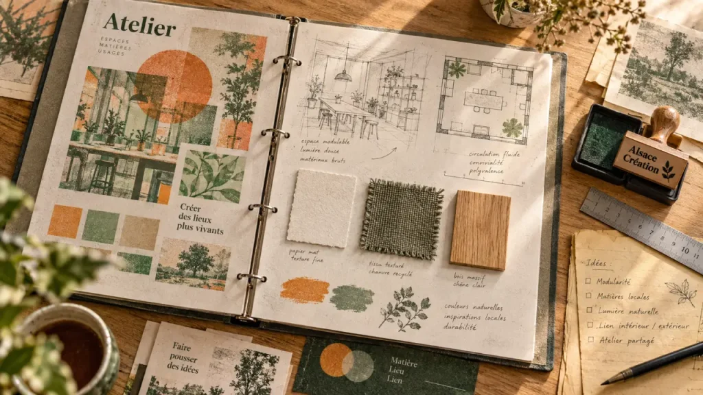 alsace creation design : brief atelier, croquis et échantillons matériaux