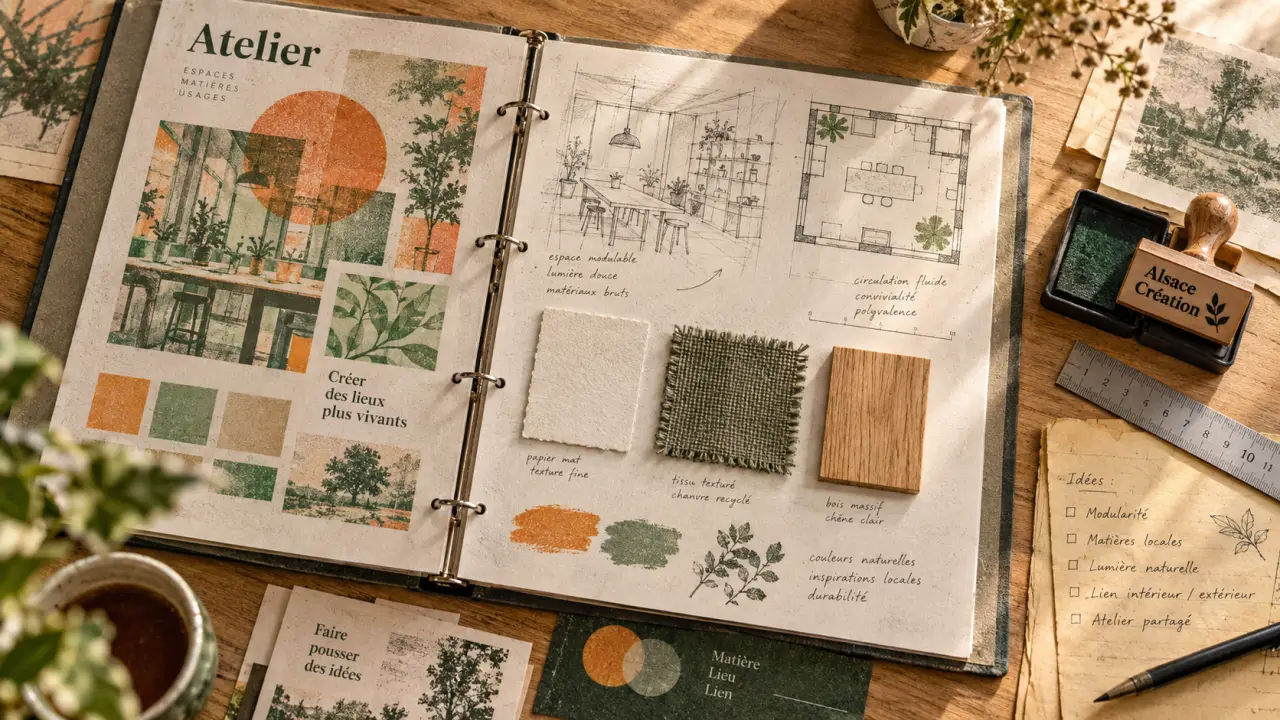 alsace creation design : brief atelier, croquis et échantillons matériaux
