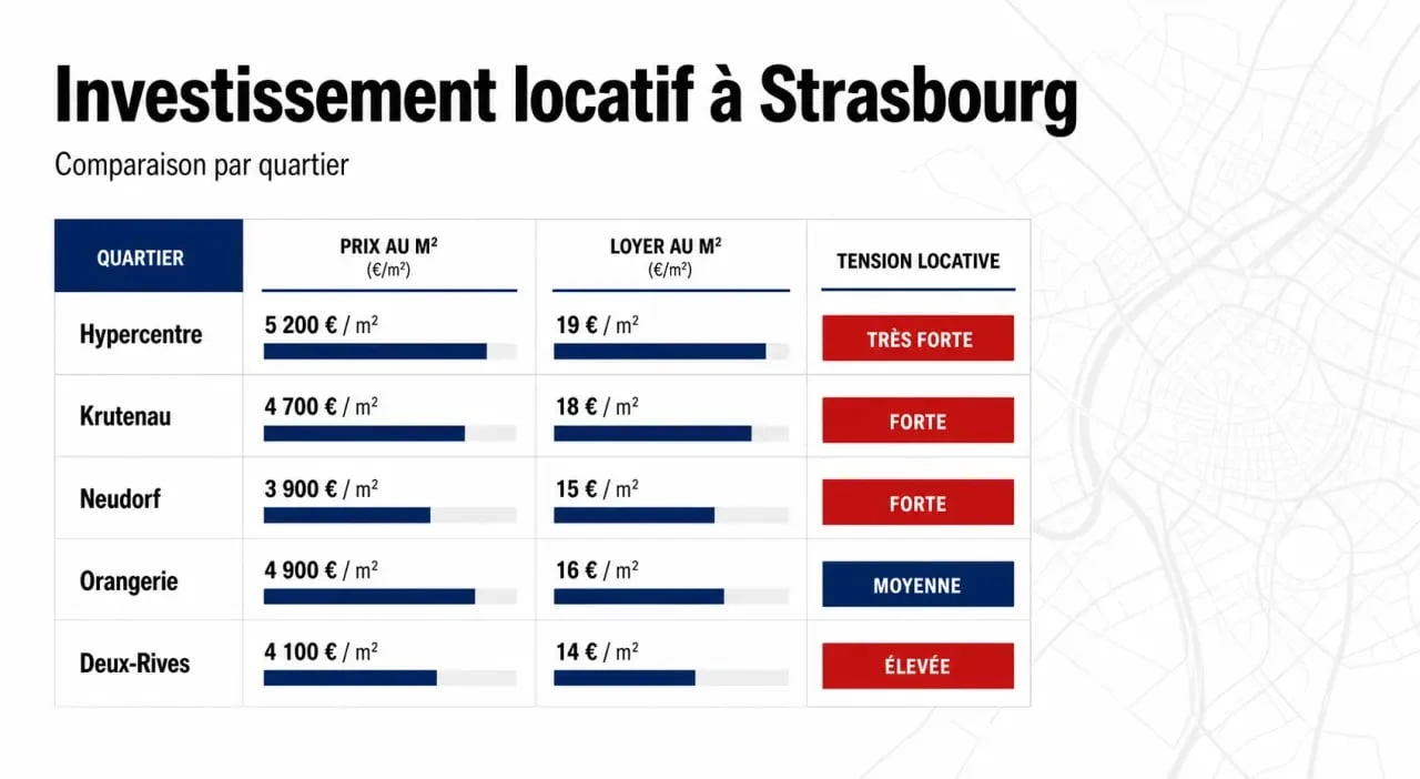 Infographie sur l’investissement locatif Strasbourg avec comparaison des quartiers, loyers et prix au m²