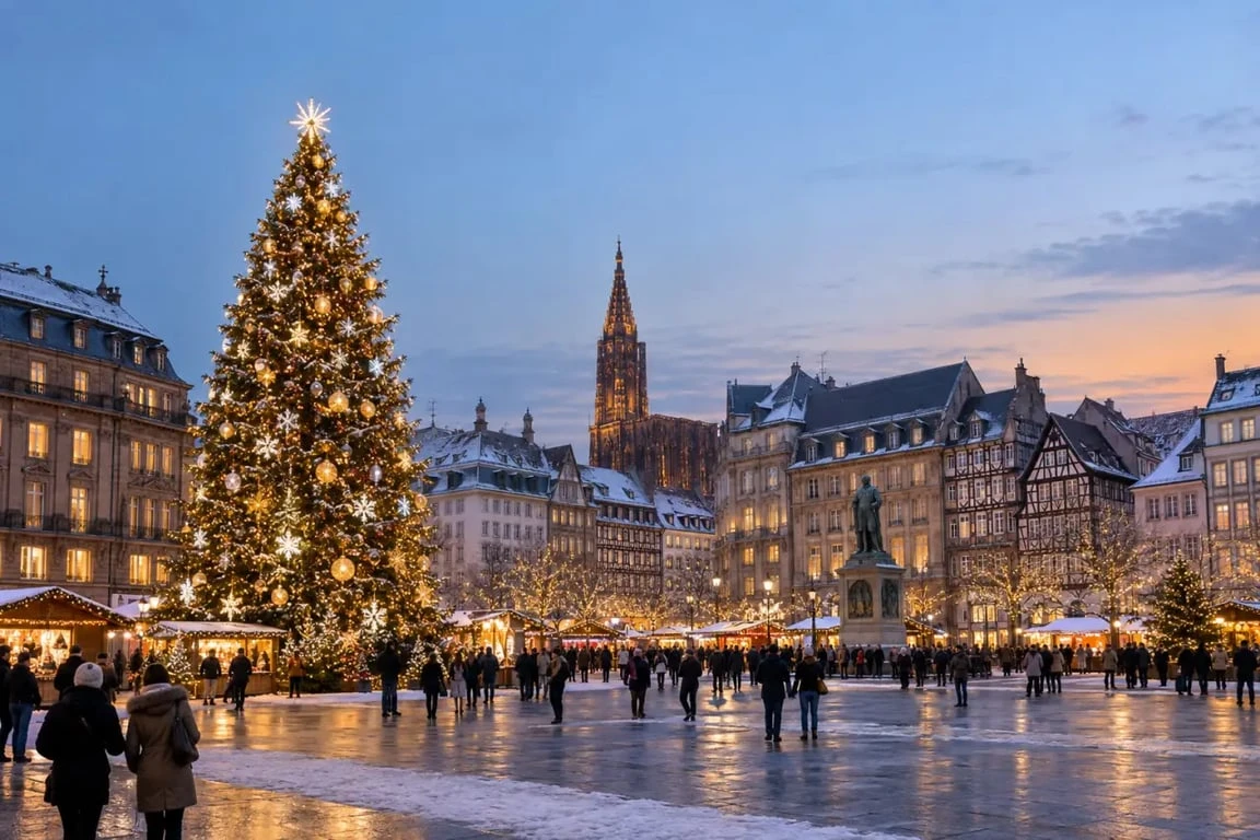 Marchés de Noël Strasbourg 2025 sur la place Kléber avec le Grand Sapin illuminé