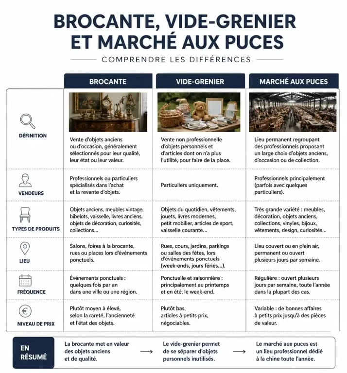 Infographie comparative des types de marchés aux puces et brocantes à Strasbourg
