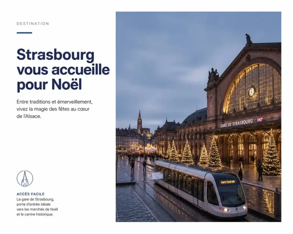 Gare de Strasbourg marchés de noel : vue du parvis de la gare avec tram et accès vers le centre-ville