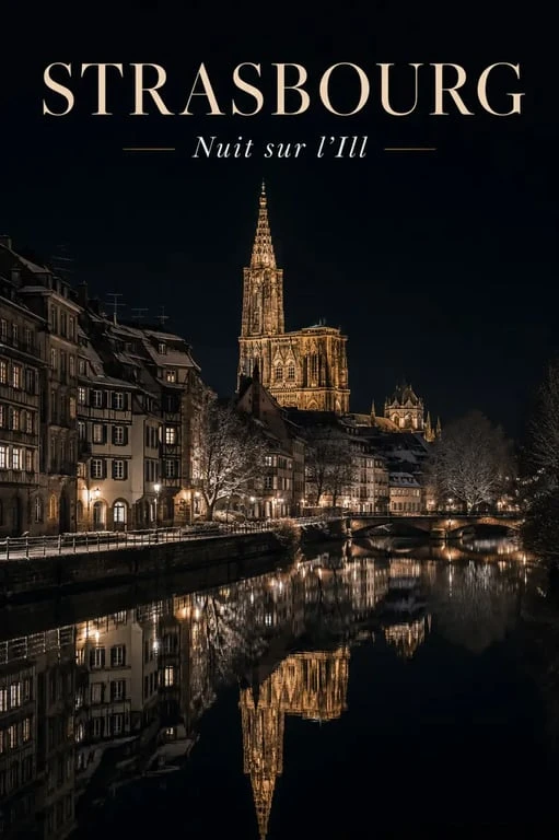 Balade nocturne Strasbourg : cathédrale illuminée et reflets sur l’Ill la nuit