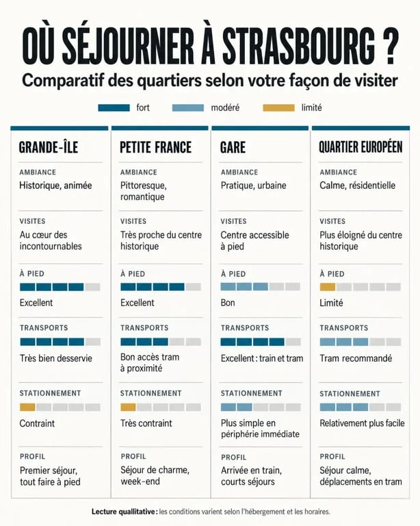 Infographie pour choisir où séjourner à Strasbourg selon les quartiers et le profil du voyage
