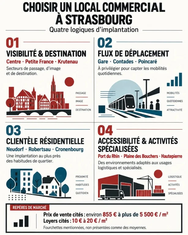Infographie sur le local commercial à Strasbourg, quartiers, usages et repères de prix au m²