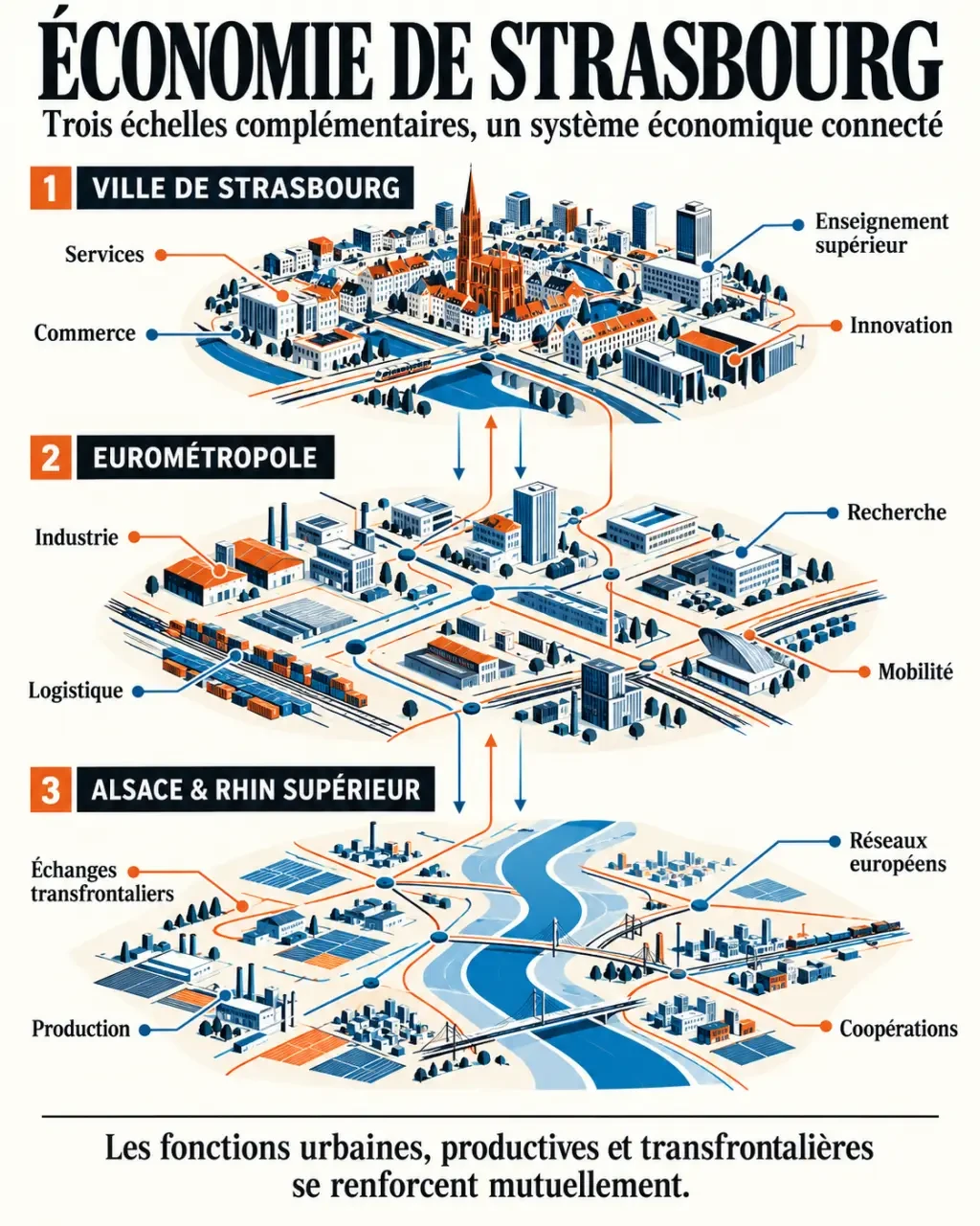 Infographie sur l’économie de Strasbourg, ses secteurs et ses trois périmètres territoriaux