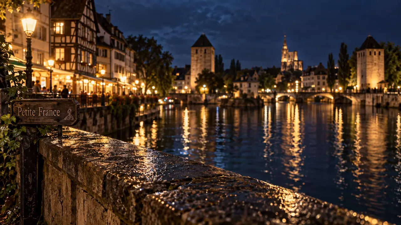 Strasbourg la nuit près de la Petite France, reflets sur l’Ill